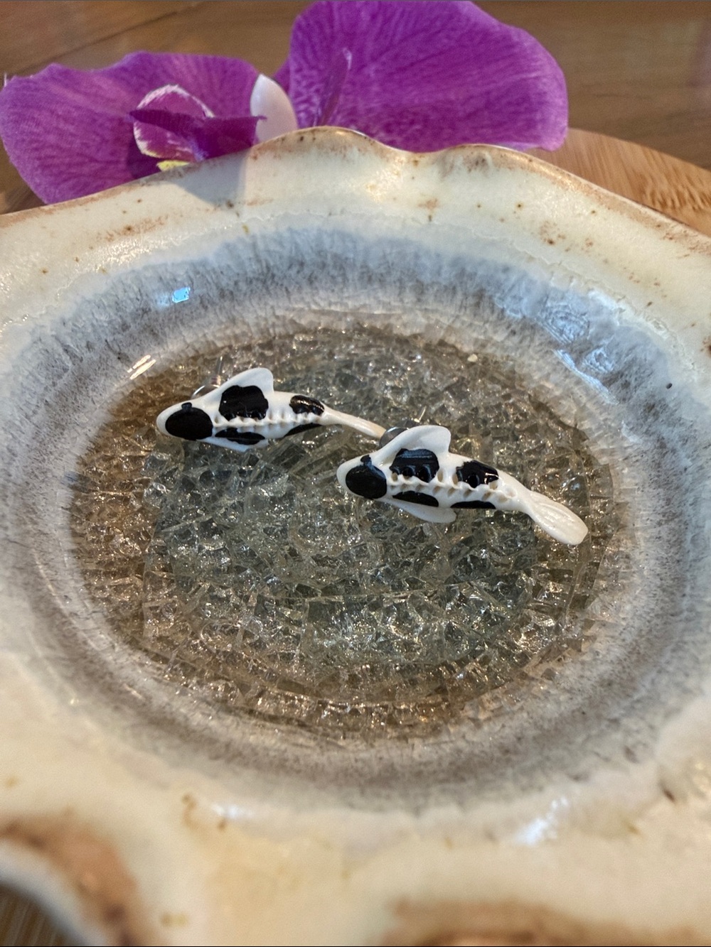 Hand-Painted Koi Fish Dangle Earrings — Black & White
